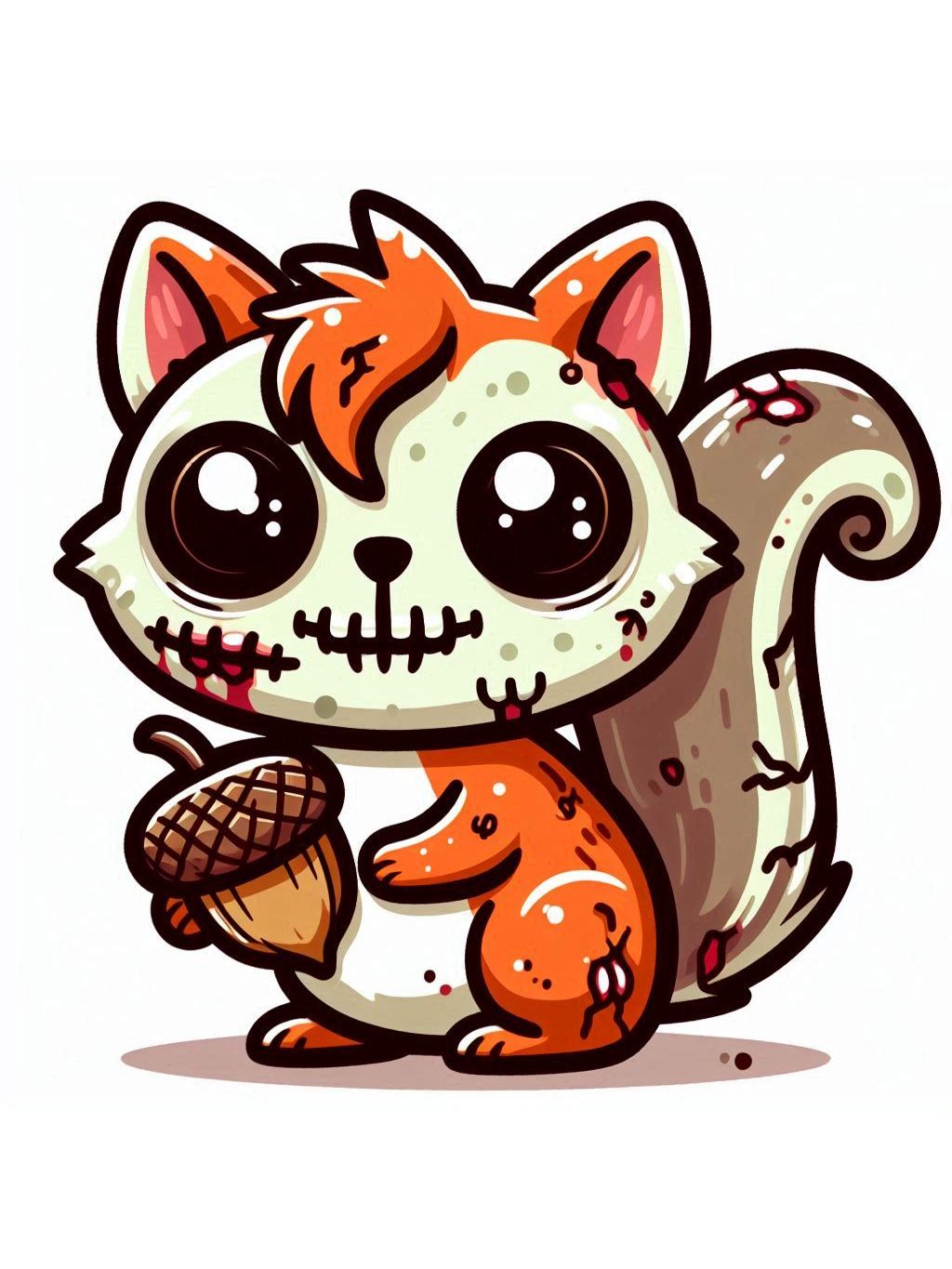 halloween cute animals drawings of a cartoon-style zombie squirrel holding an acorn.